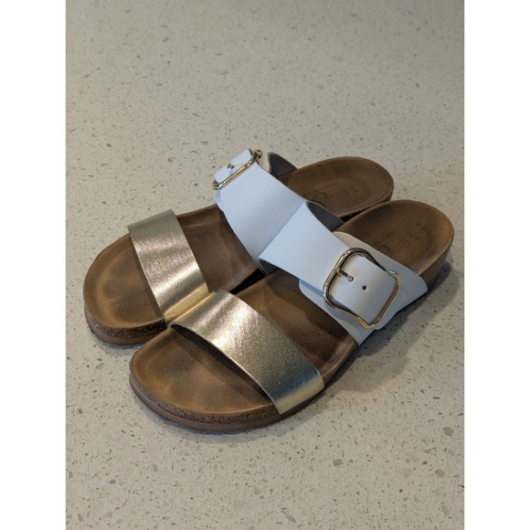 Bos. & Co. Shoes - Bos & Co. Lapo‎ Slip On Wedge Cork Sandals White Gold Leather Size EU 39 US 8